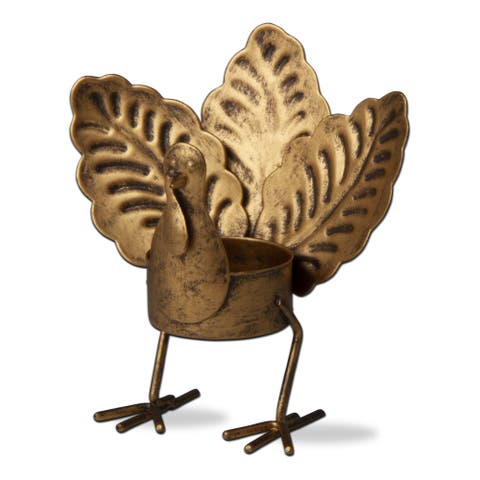 Thanksgiving Turkey Shaped Oak Leaf Tealight Holder Antique Gold