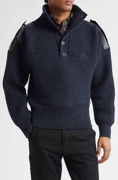 Leather Trim Rib Wool Blend Turtleneck Sweater