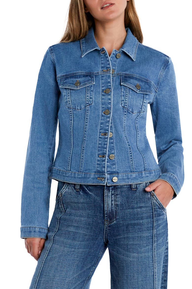 Sleek Stretch Denim Trucker Jacket, Main, color, SHINE BLUE