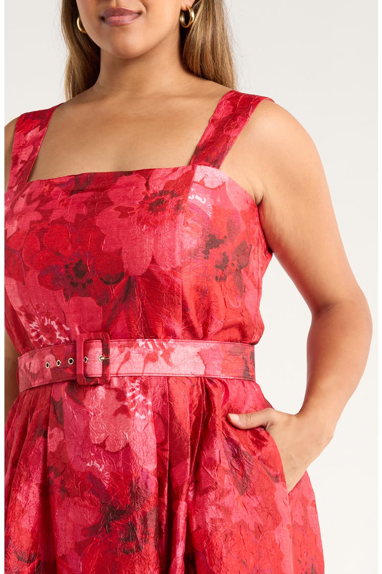 Floral Print Crinkle Belted Dress, Alternate, color, CRIMSON