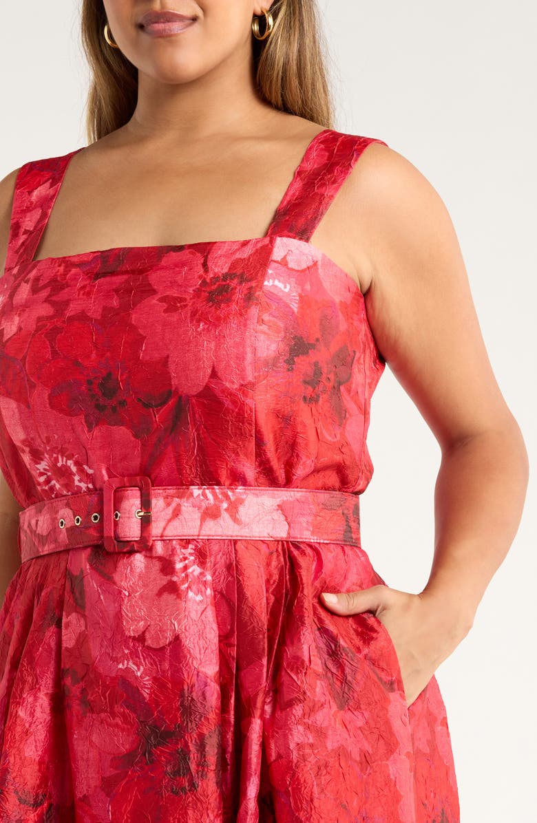 Tahari ASL Floral Print Crinkle Belted Dress, Alternate, color, Crimson