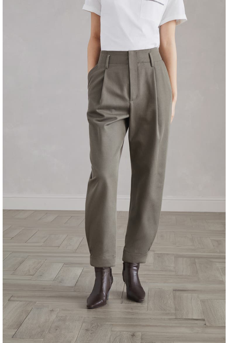 Cotton and wool cover sartorial baggy trousers with monili, Alternate, color, Khaki