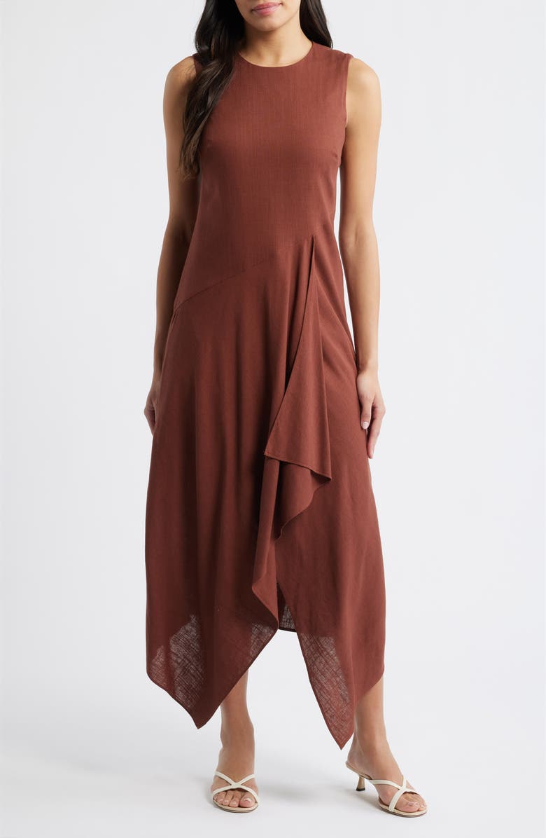 Vince Camuto Sleeveless Linen Midi Dress, Main, color, Brown
