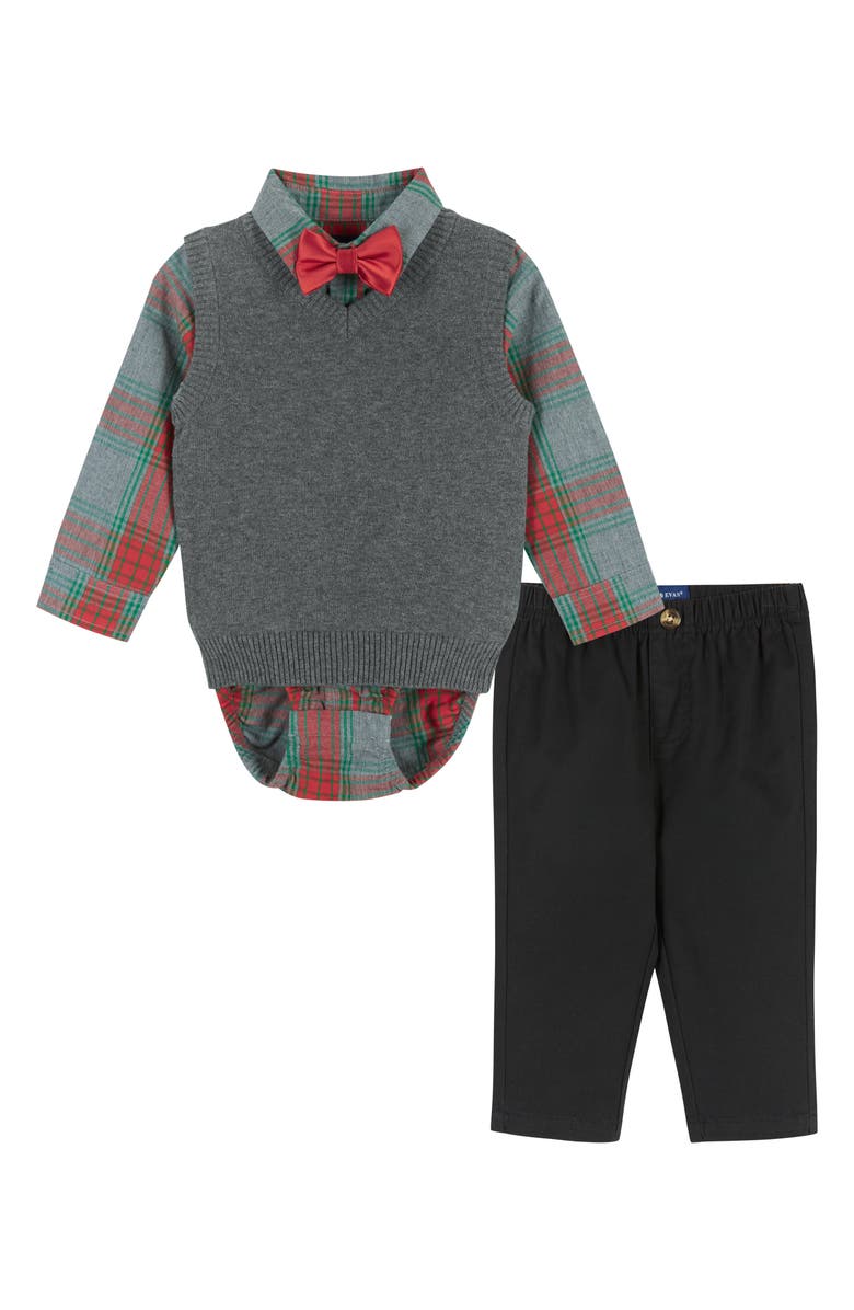 Andy & Evan Plaid Bodysuit, Cotton Sweater Vest, Bow Tie & Pants Set, Main, color, 