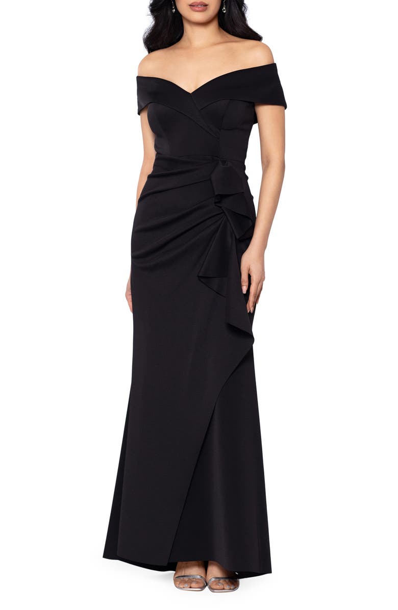 Xscape Evenings Off the Shoulder Ruffle Scuba Crepe Gown, Main, color, Black