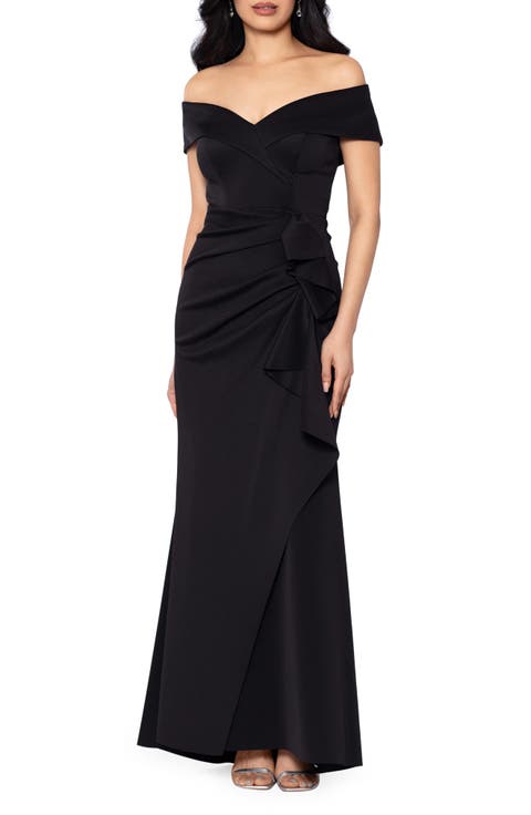 Off the Shoulder Ruffle Scuba Crepe Gown (Regular & Petite)