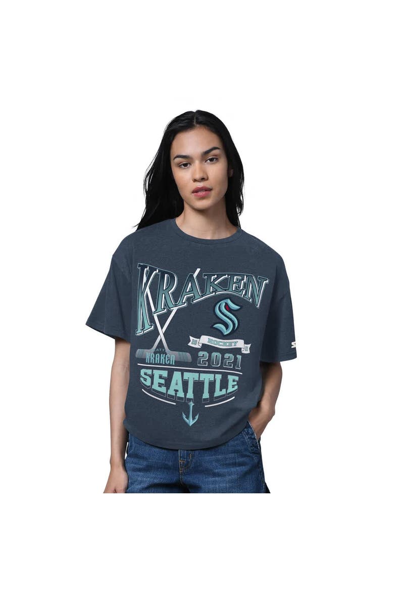 Women's Starter Heather Deep Sea Blue Seattle Kraken Oversized Hall of Fame T-Shirt, Main, color, Heather Navy
