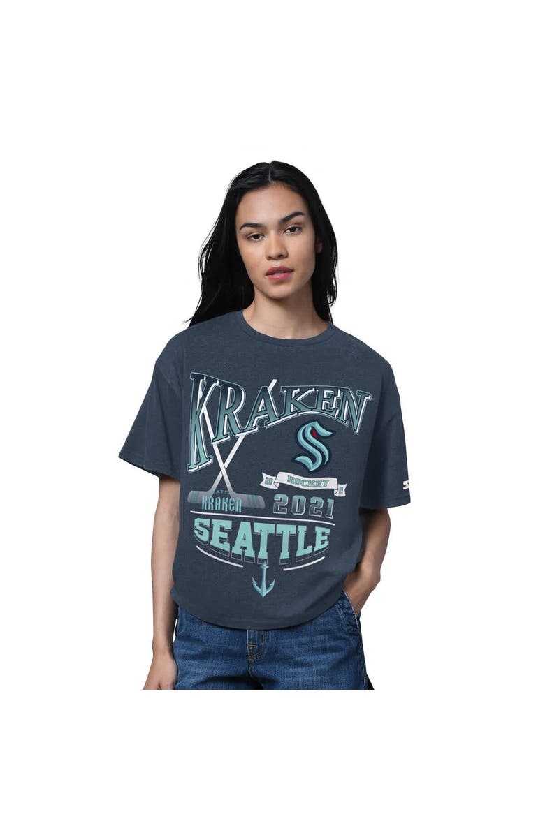 STARTER Women's Starter Heather Deep Sea Blue Seattle Kraken Oversized Hall of Fame T-Shirt, Main, color, Heather Navy