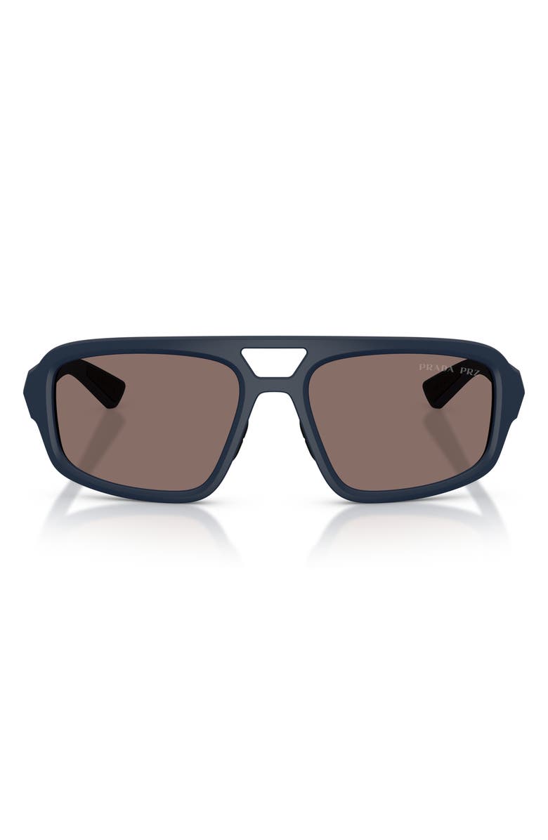 Prada Linea Rossa 57mm Polarized Irregular Sunglasses, Main, color, Rubber Blue / Light Brown