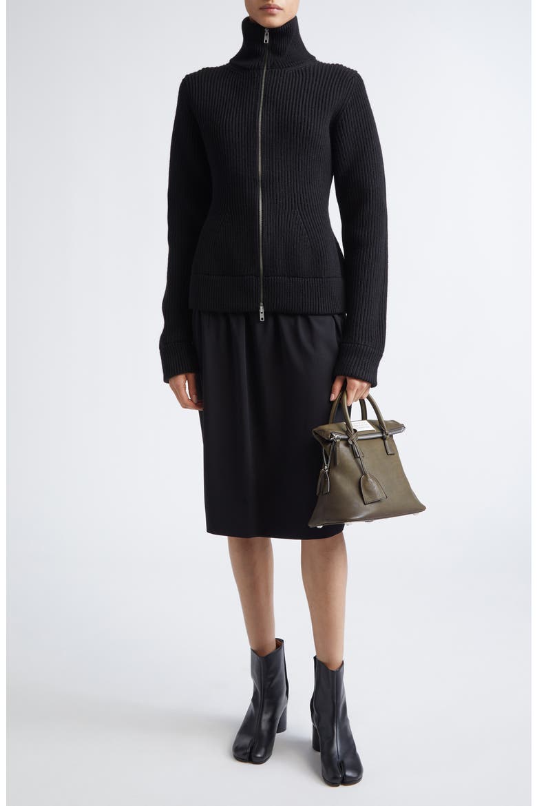 Full Zip Rib Virgin Wool Cardigan, Alternate, color, BLACK
