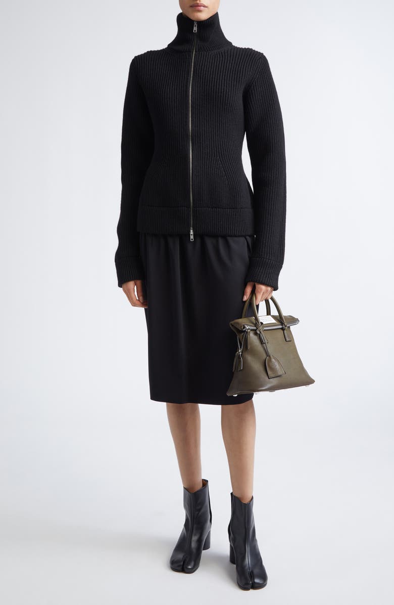 Maison Margiela Full Zip Rib Virgin Wool Cardigan, Alternate, color, Black