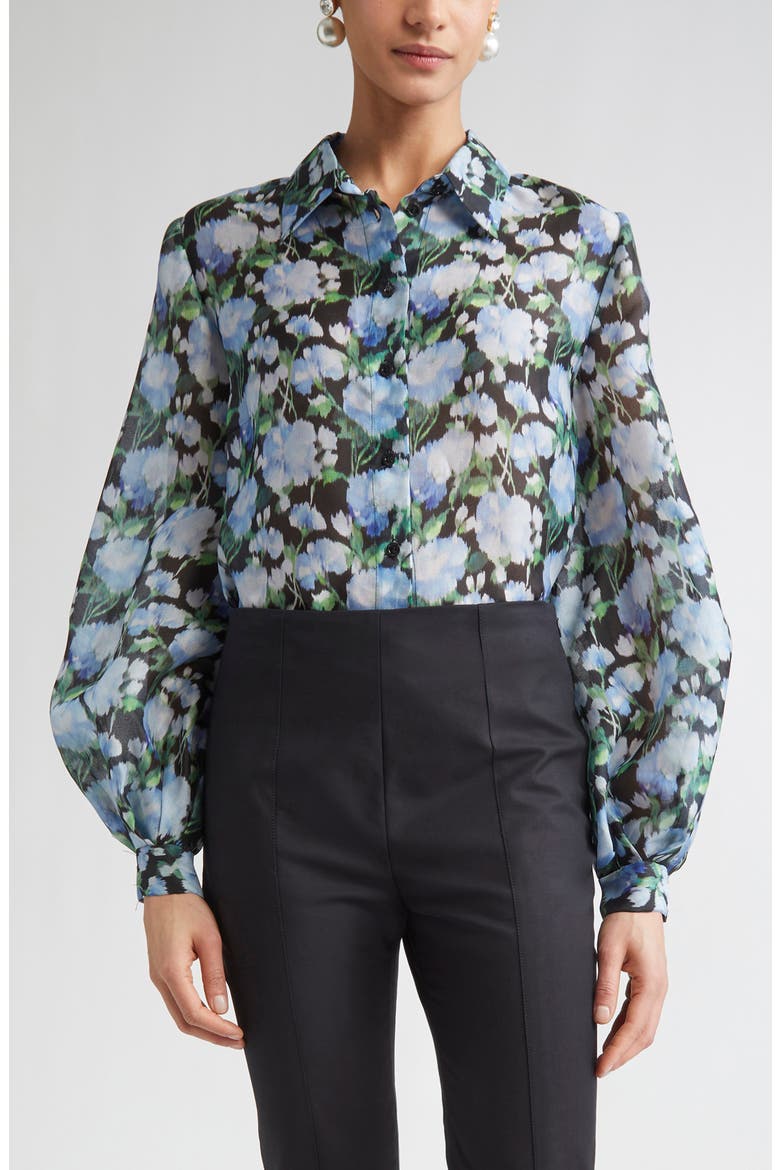 Peony Print Silk Organza Button-Up Shirt, Main, color, BLUE MULTI