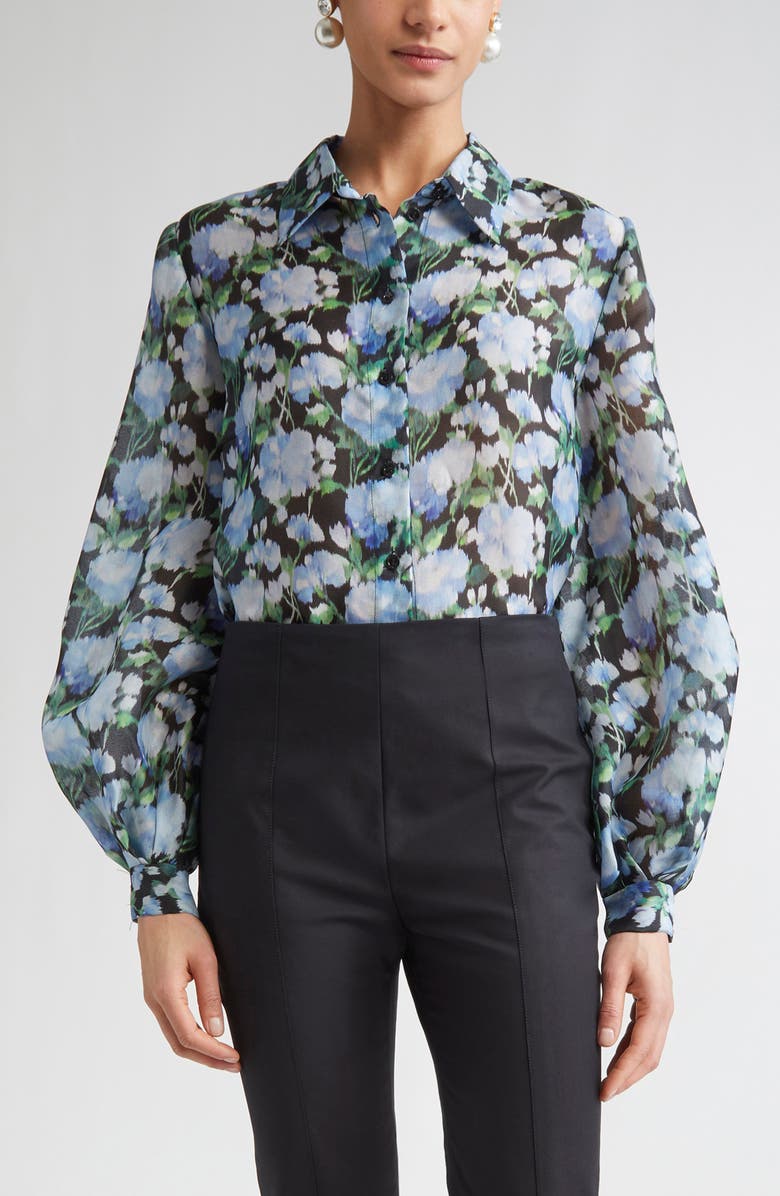 Carolina Herrera Peony Print Silk Organza Button-Up Shirt, Main, color, Blue Multi