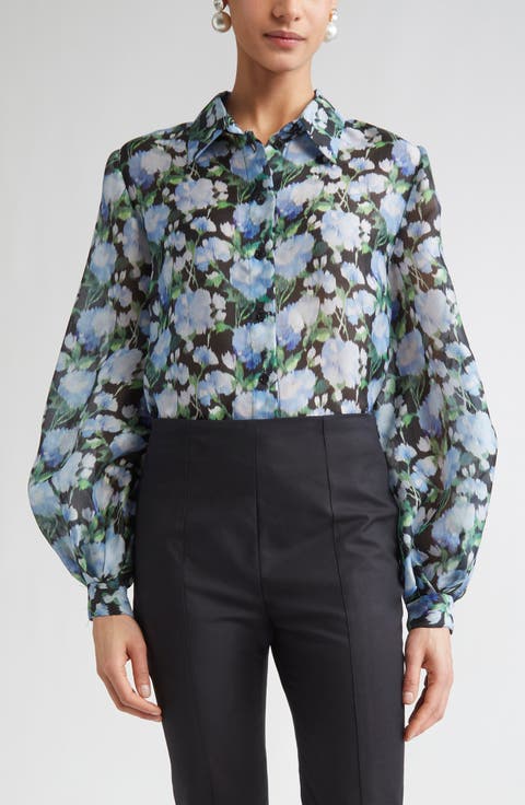Peony Print Silk Organza Button-Up Shirt