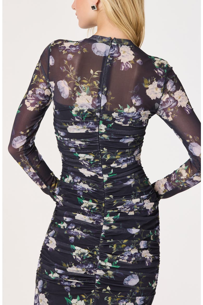 Floral Ruched Long Sleeve Mesh Dress, Alternate, color, BLUE MULTI FLORAL