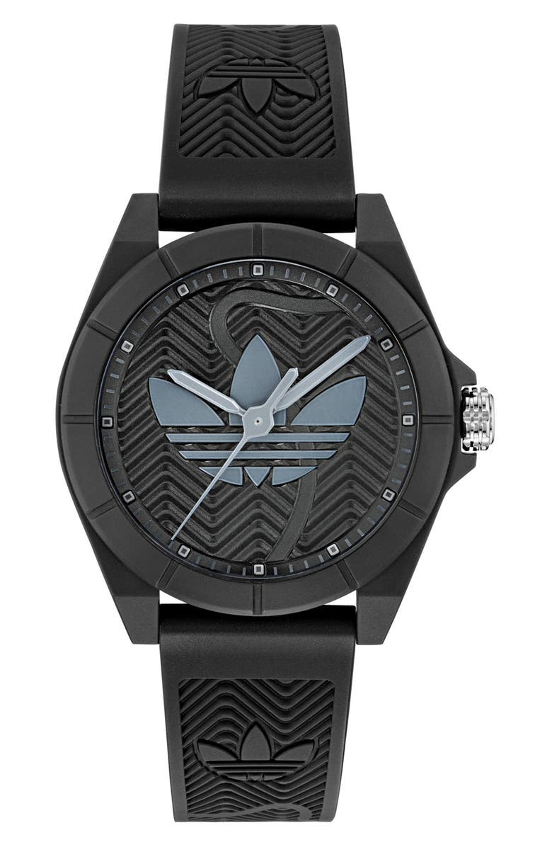 adidas AO Street Project 4 Black Logo Tread Dial Resin Strap Watch, 41mm, Main, color, 