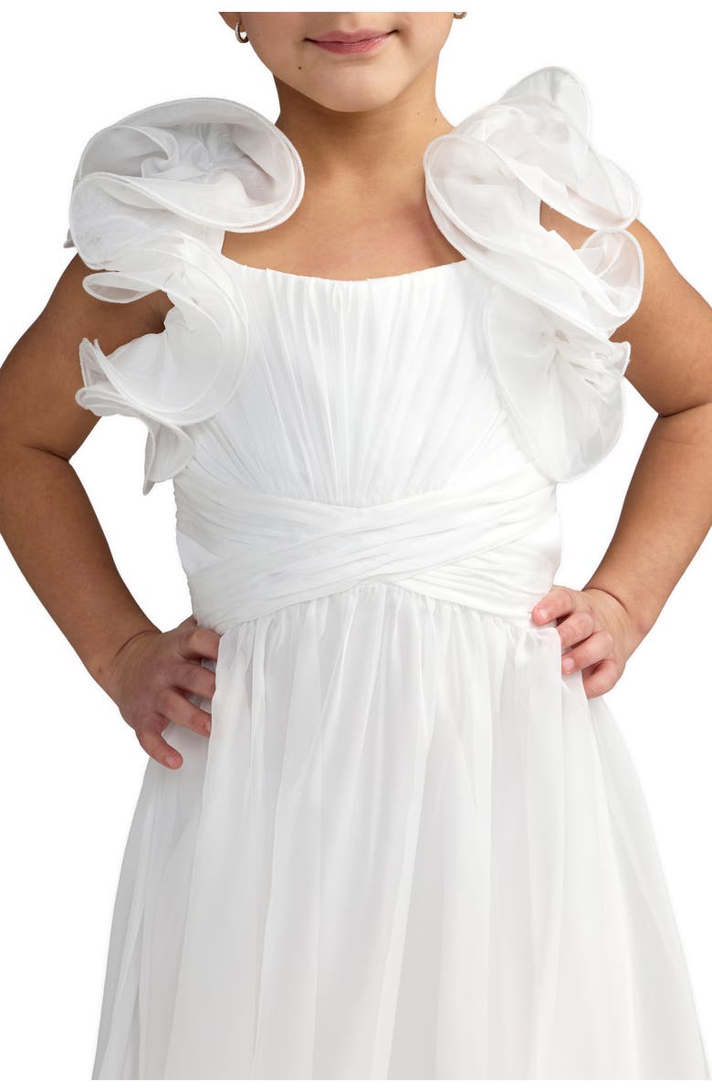 Mac Duggal Girls Solid Chiffon Ruffle Shoulder Dress, Alternate, color, White