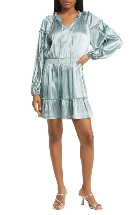 Ruffle Long Sleeve Satin Minidress