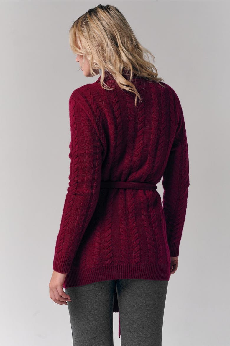 Cable-Knit Cashmere Belted Cardigan, Alternate, color, Burgundy
