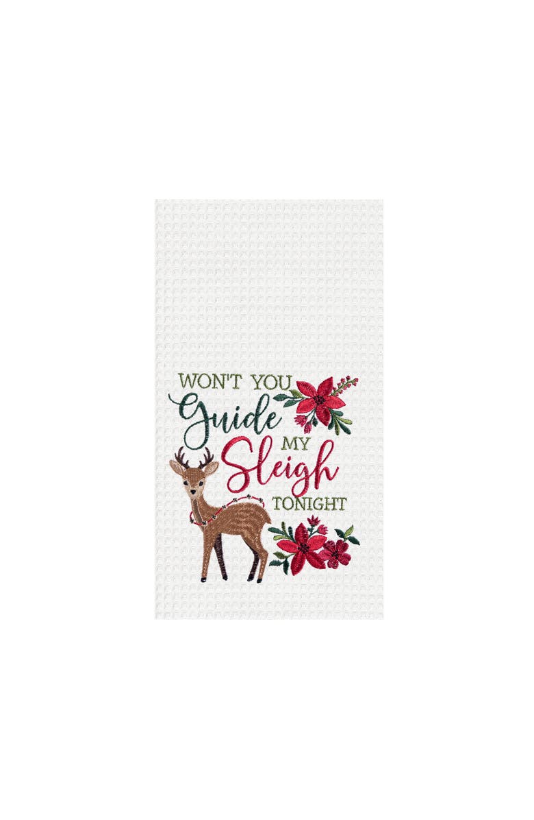 C&F Home 27" x 18" "Want You Guide My Sleigh Tonight" Featuring Reindeer and Poinsettias Cotton Waffle Weave Kitchen Dish Towel Towel, Main, color, White