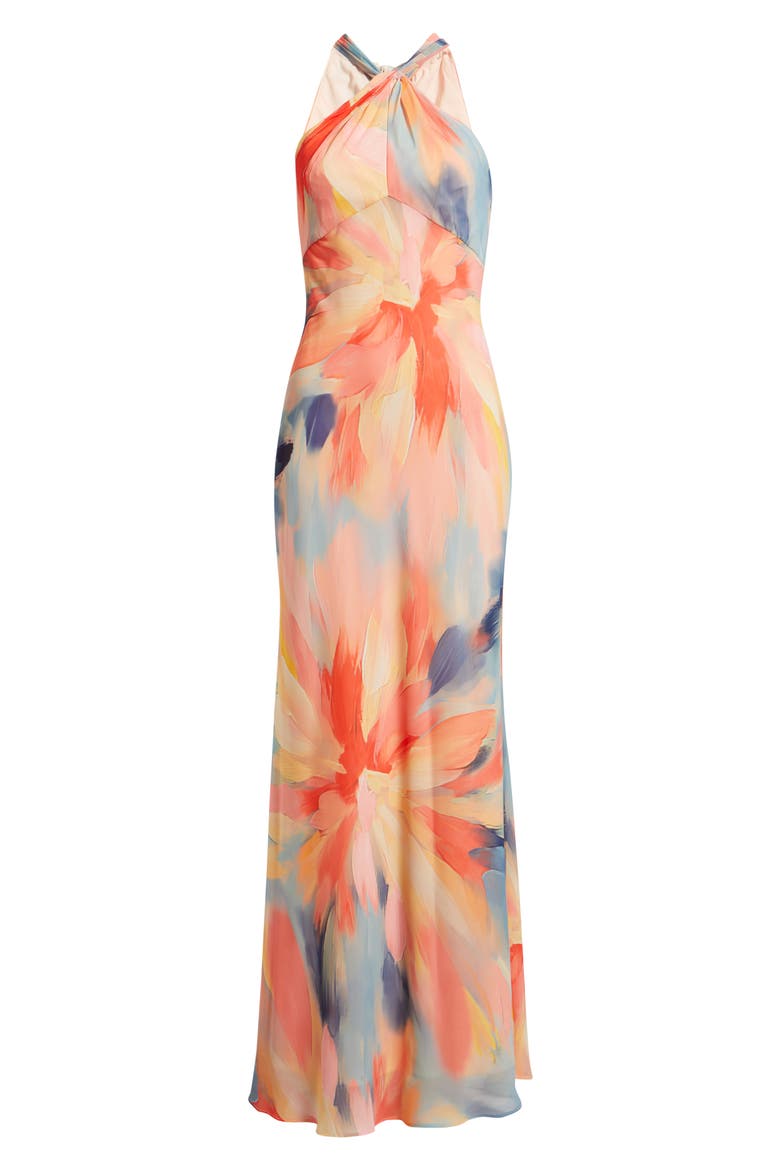 vince camuto halter floral chiffon dress Vince Camuto Floral Print Twist Halter Neck Sleeveless Gown, Womens, 4, Coral Multi