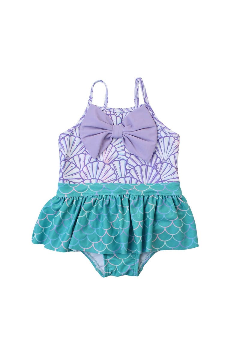 RuffleButts Toddler Girls UPF50+ Big Bow Skirted One Piece, Main, color, Magical Mermaid