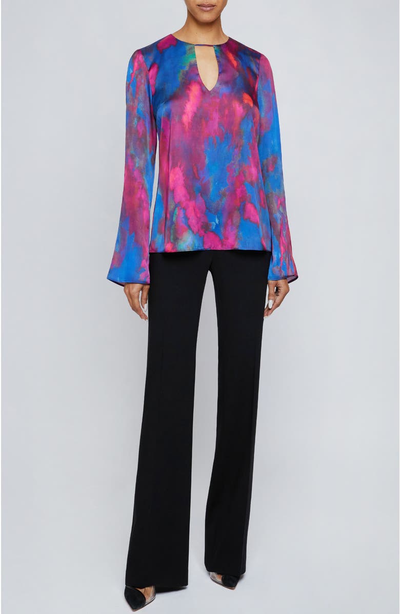 Santorelli NOA Long Sleeve Keyhole Blouse in Abstract Printed Charmeuse, Alternate, color, Magenta Multi