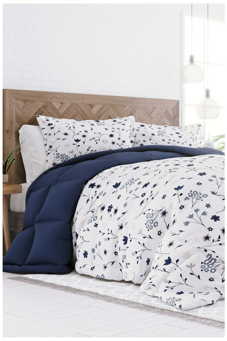 HOME SPUN Premium Down Alternative Forget Me Not Reversible Comforter Set, Alternate, color, NAVY