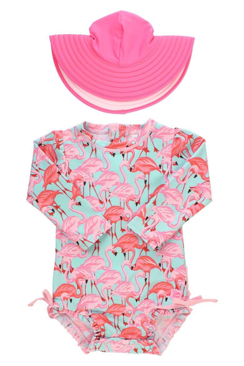 Flamingo One-Piece Rashghuard Swimsuit & Hat Swim Set, Main, color, BLUE