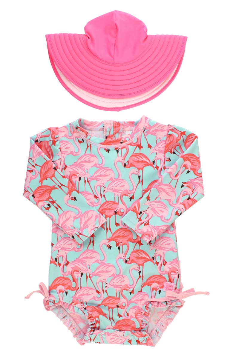 RuffleButts Flamingo One-Piece Rashghuard Swimsuit & Hat Swim Set, Main, color, 