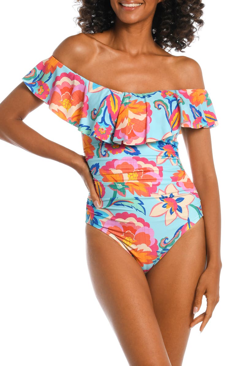 La Blanca Breezy Ruffle Off the Shoulder One-Piece Swimsuit, Main, color, 