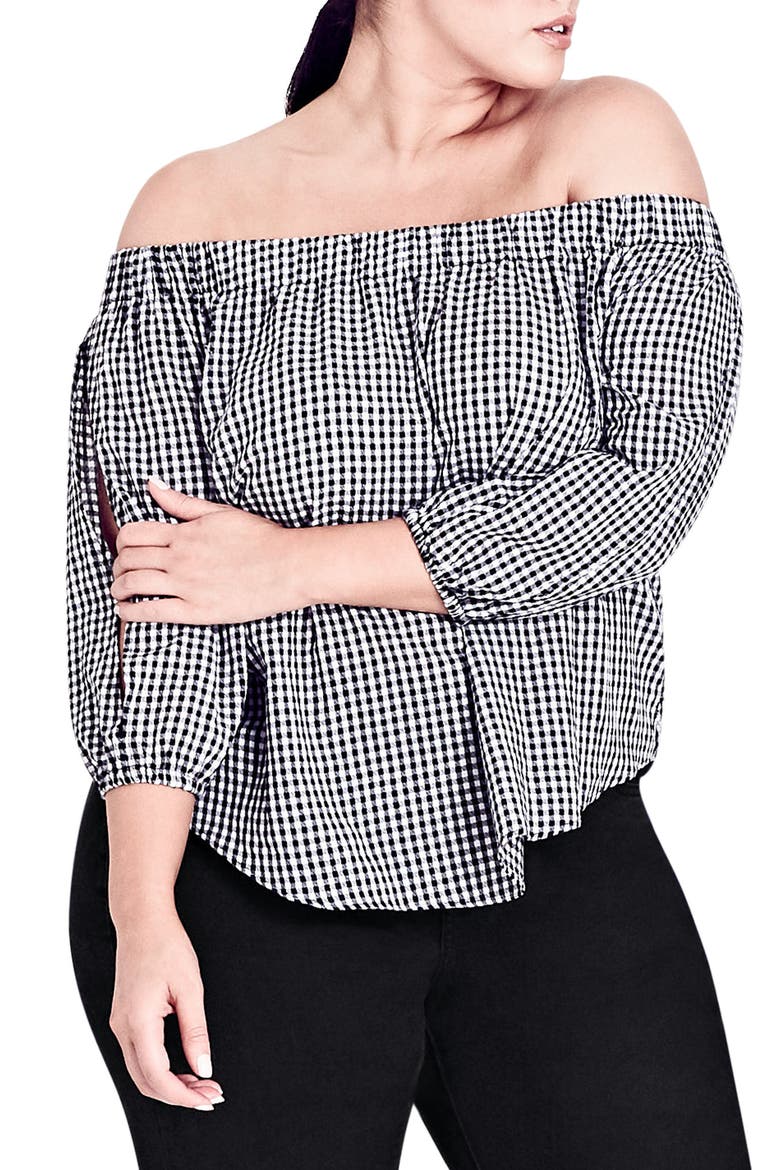 Gingham Off the Shoulder Top, Main, color, BLACK / WHITE