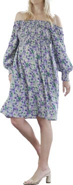 Angel Maternity Smocked Off the Shoulder Long Sleeve Maternity Dress