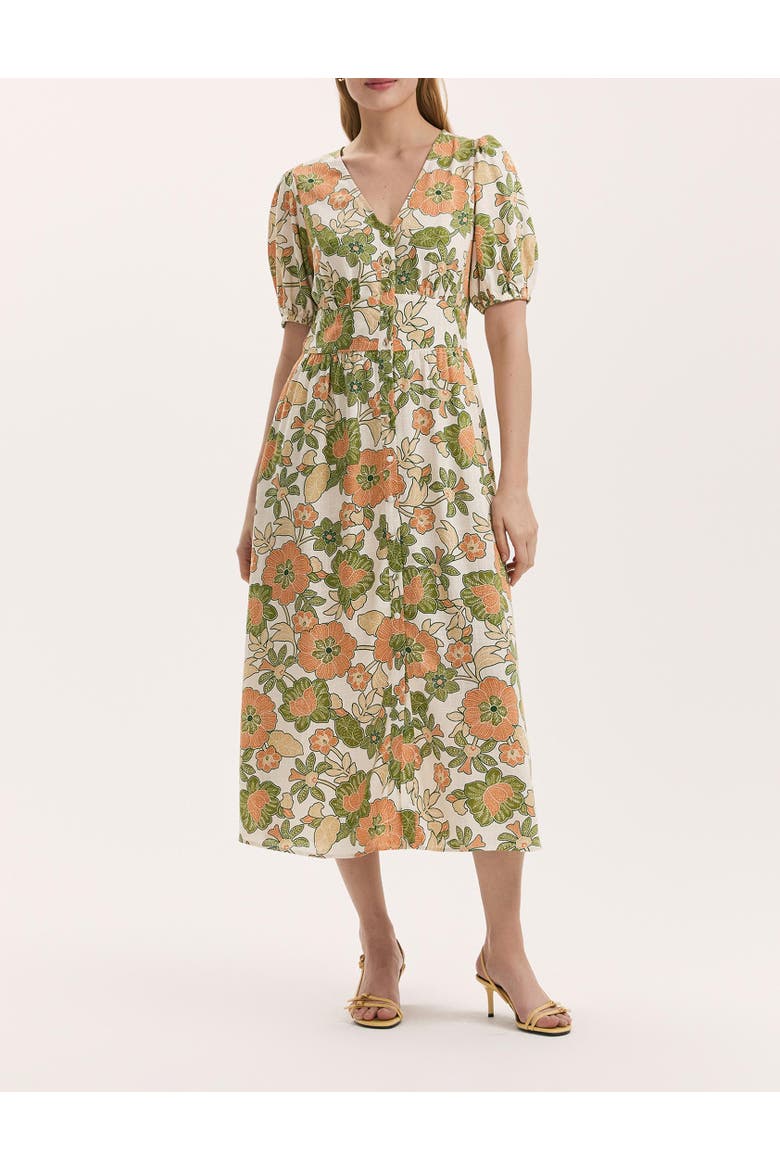 Addison Floral Linen Blend Midi Dress, Alternate, color, Olive Flower
