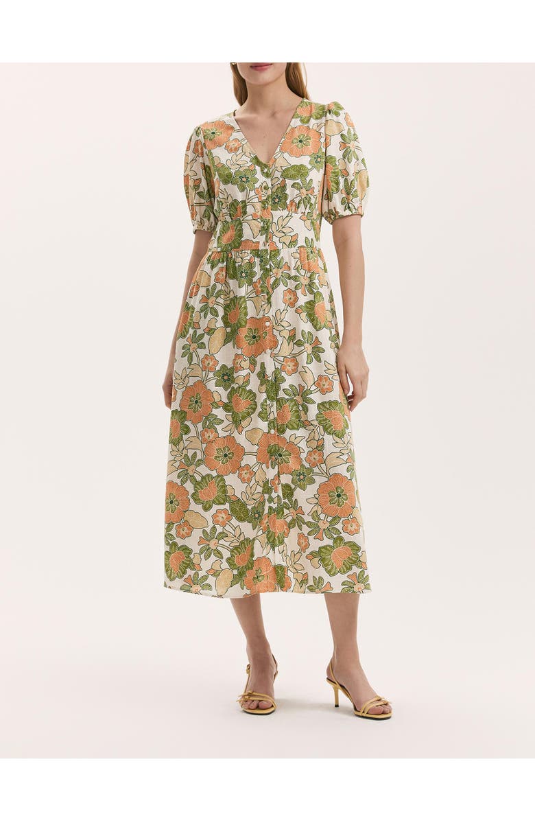 Finery London Addison Floral Linen Blend Midi Dress, Alternate, color, Olive Flower