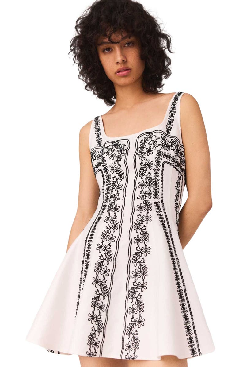 maje Short embroidered dress, Alternate, color, Ecru / Black