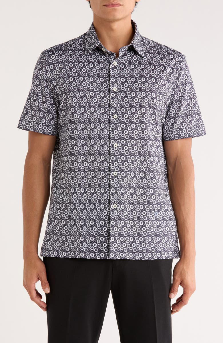 Bugatchi Milo OoohCotton<sup>®</sup> Short Sleeve Button-Up Shirt, Main, color, Midnight