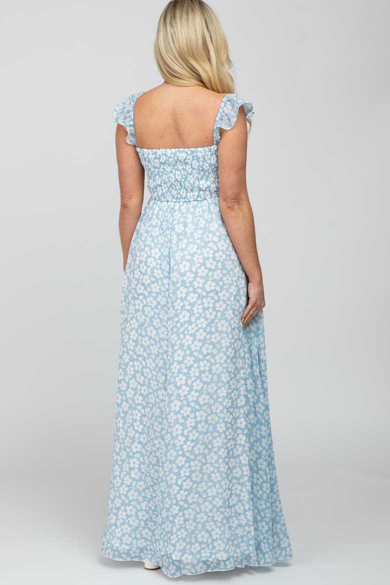 Floral Chiffon Sweetheart Neck Off Shoulder Maxi Dress, Alternate, color, Light Blue