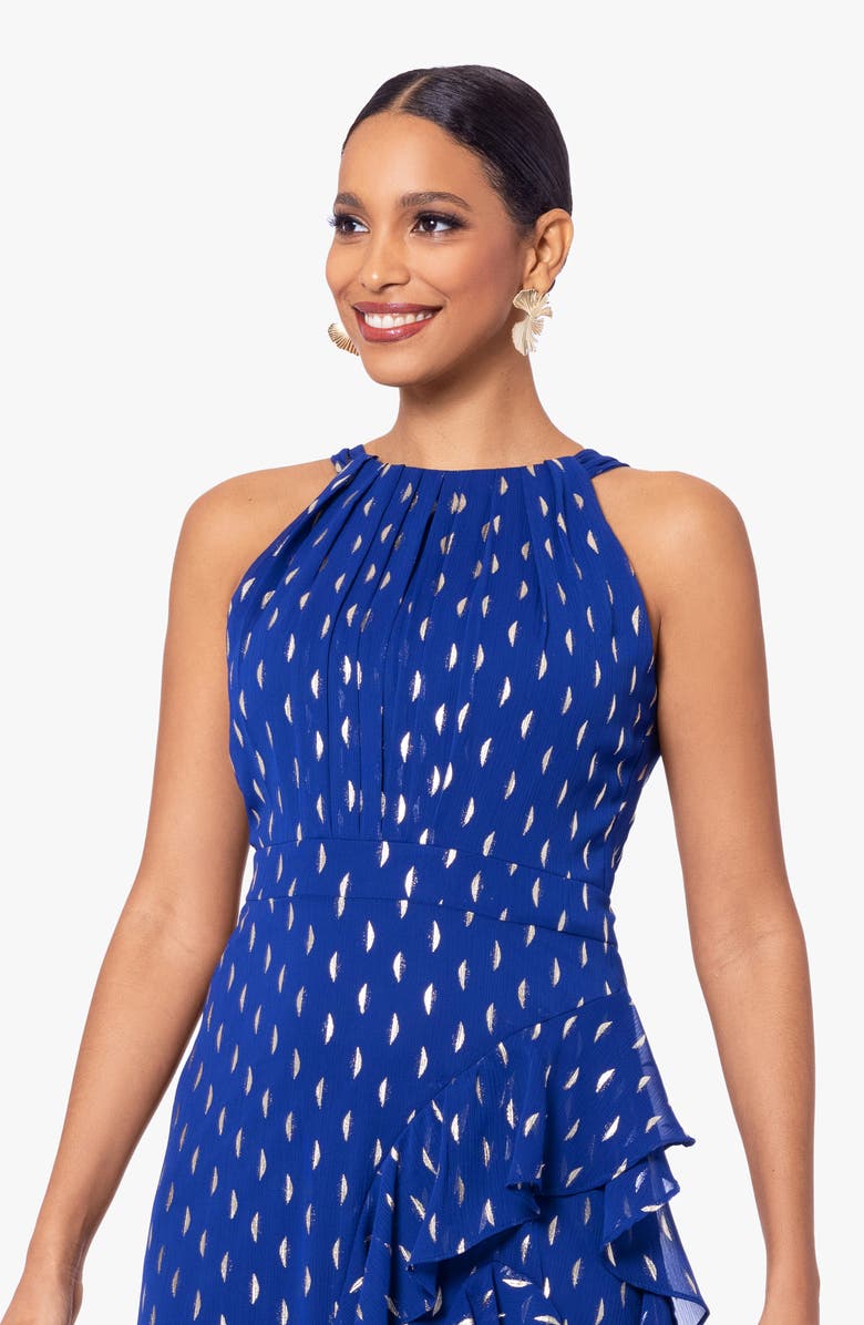 Betsy & Adam Ruffle Metallic Chiffon Gown, Alternate, color, Light Navy/ Gold