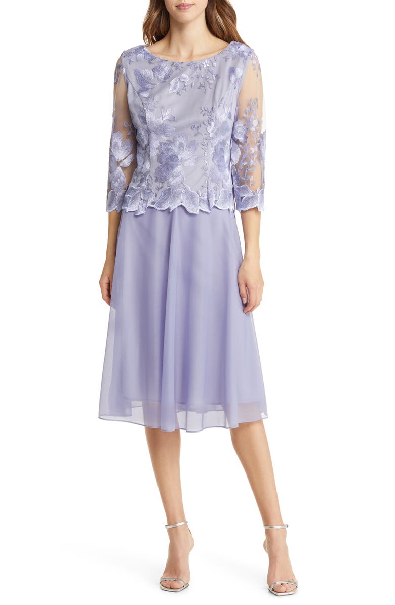 Alex Evenings Illusion Sleeve Embroidered Midi Dress, Main, color, Lavender