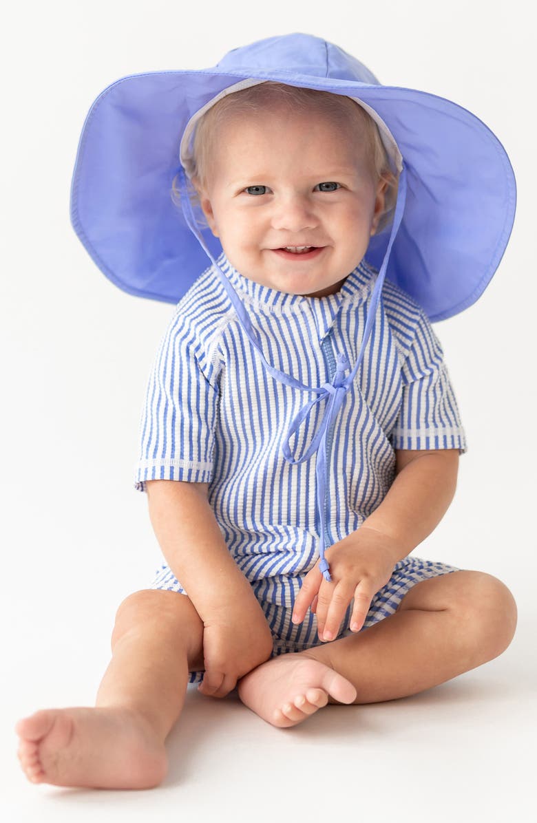 RuggedButts Seersucker One-Piece Swimsuit & Sun Hat Set, Alternate, color, Periwinkle