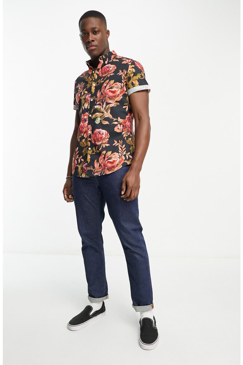 Slim Fit Floral Short Sleeve Stretch Cotton Button-Down Shirt, Alternate, color, BLACK