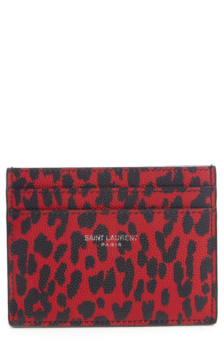 Saint Laurent Leopard Print Leather Card Case, Main, color, 