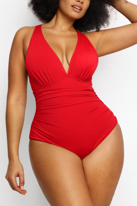 Plunge Ruched Cutout One Piece Swimsuit