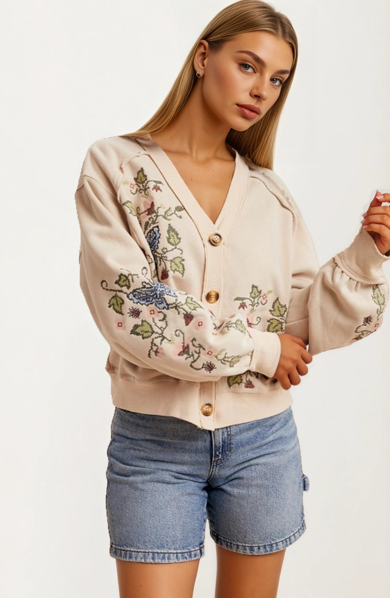 Knit and Lounge Embroidered Floral Button Front Cardigan, Main, color, 