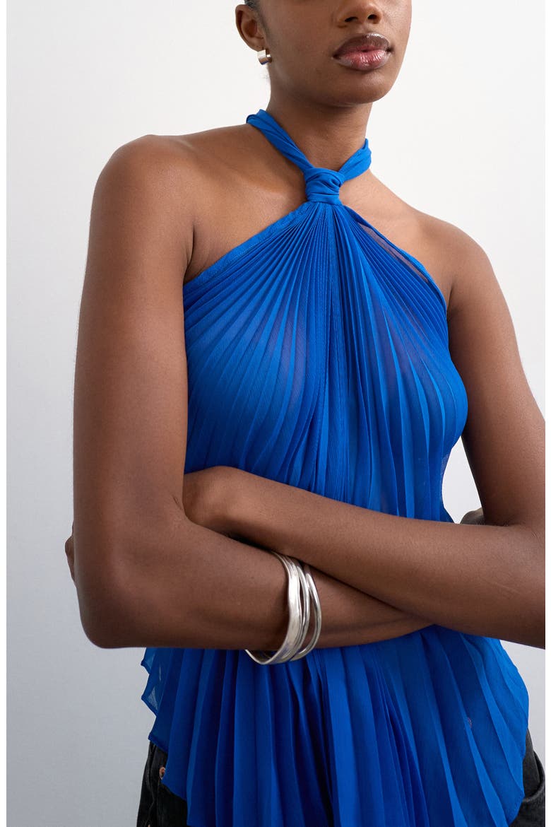 Pleated Knot Neck Halter Top, Alternate, color, MEDIUM BLUE