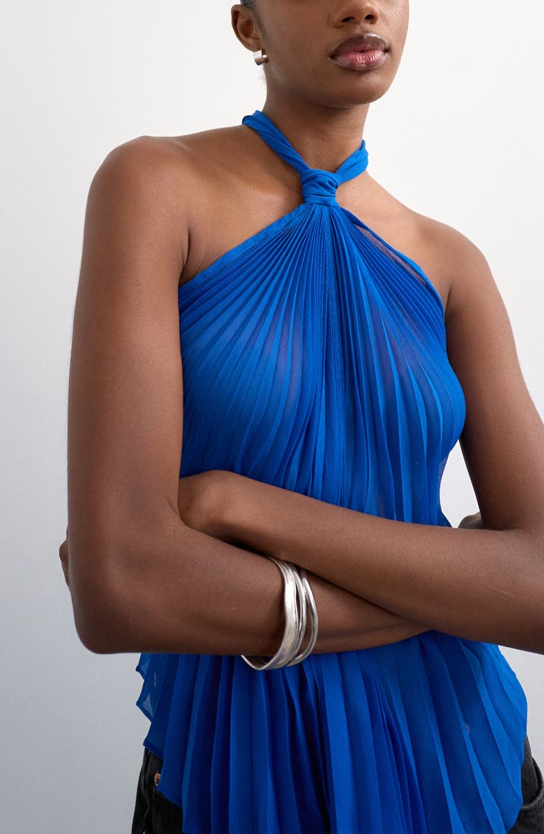 Topshop Pleated Knot Neck Halter Top, Alternate, color, Medium Blue