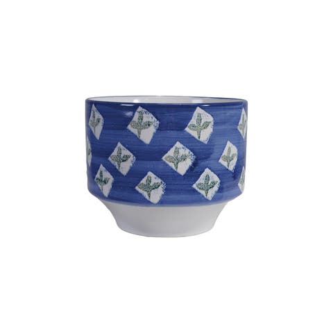 Stoneware Planter with Pattern in Reactive Glaze, Blue and White