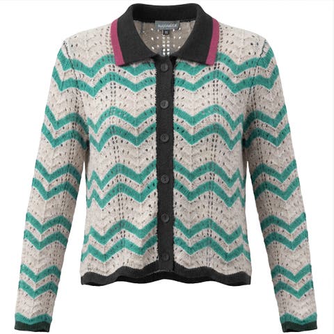 Crochet Stripe Button Front Collar Cardigan