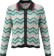 Mademoiselle Crochet Stripe Button Front Collar Cardigan